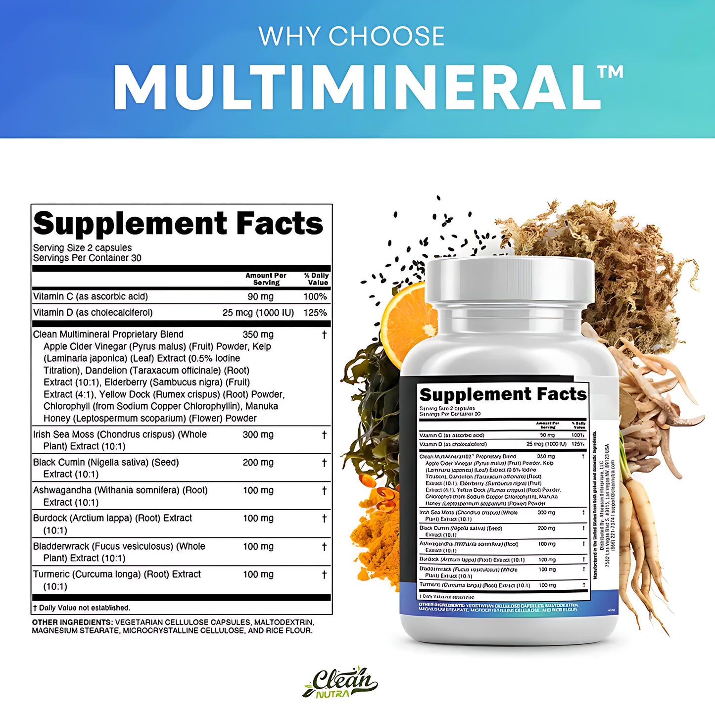 MultiMineral Sea Moss Black Seed Oil Ashwagandha Turmeric Bladderwrack Burdock Vitamin C Vitamin D3 with Elderberry Manuka Dietary Supplement Pills