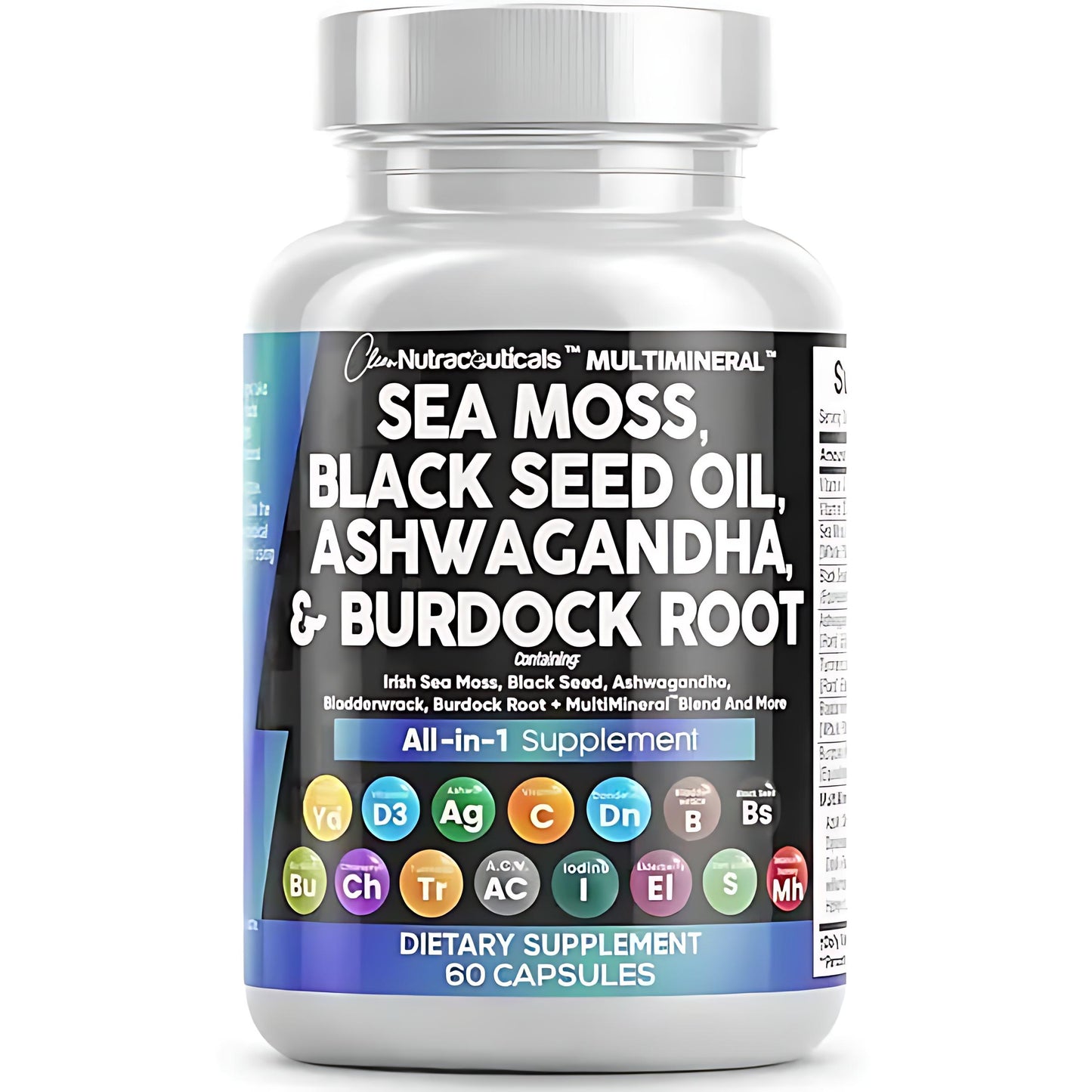 MultiMineral Sea Moss Black Seed Oil Ashwagandha Turmeric Bladderwrack Burdock Vitamin C Vitamin D3 with Elderberry Manuka Dietary Supplement Pills