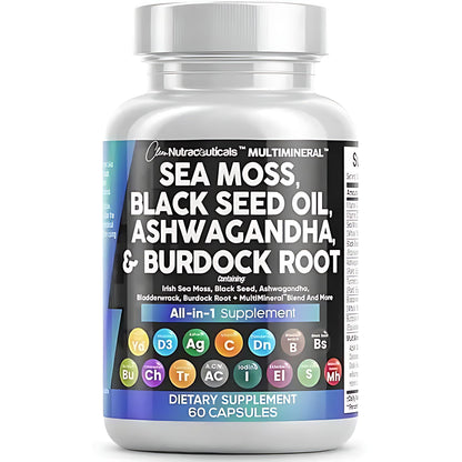 MultiMineral Sea Moss Black Seed Oil Ashwagandha Turmeric Bladderwrack Burdock Vitamin C Vitamin D3 with Elderberry Manuka Dietary Supplement Pills