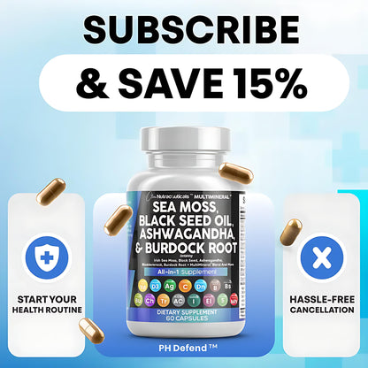 MultiMineral Sea Moss Black Seed Oil Ashwagandha Turmeric Bladderwrack Burdock Vitamin C Vitamin D3 with Elderberry Manuka Dietary Supplement Pills