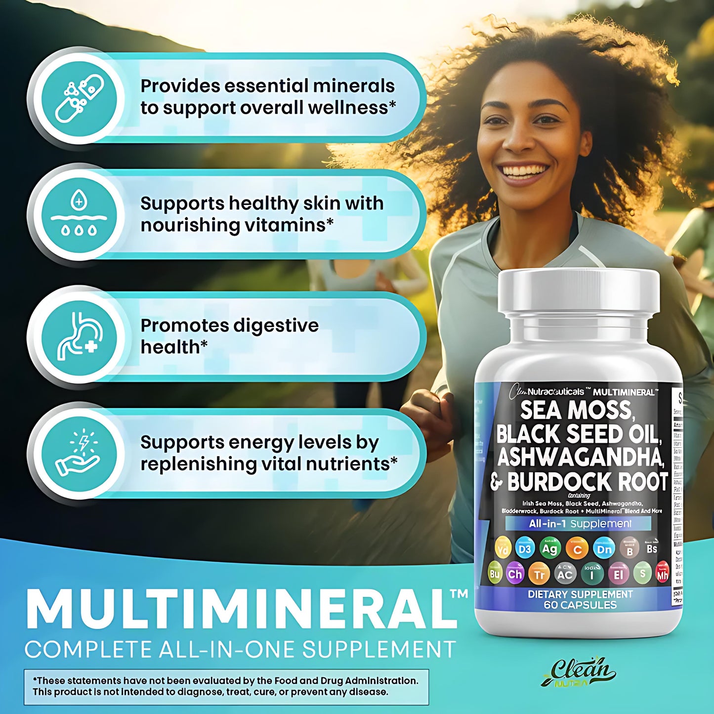MultiMineral Sea Moss Black Seed Oil Ashwagandha Turmeric Bladderwrack Burdock Vitamin C Vitamin D3 with Elderberry Manuka Dietary Supplement Pills