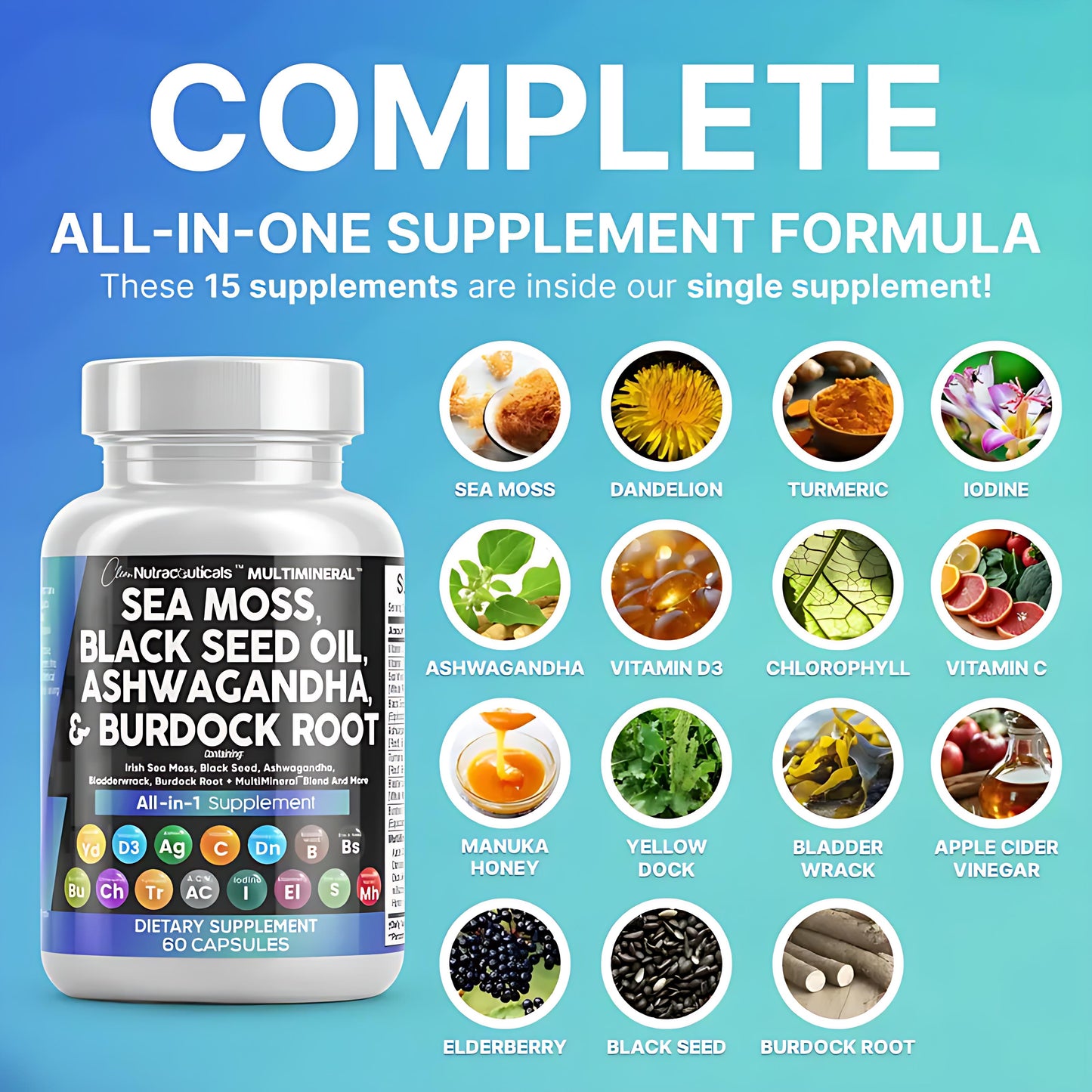 MultiMineral Sea Moss Black Seed Oil Ashwagandha Turmeric Bladderwrack Burdock Vitamin C Vitamin D3 with Elderberry Manuka Dietary Supplement Pills